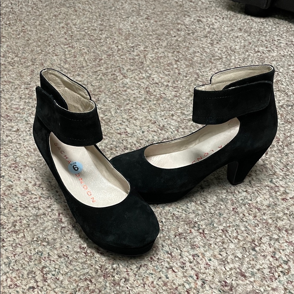 Sasha London handmade Black suede Ankle Strap Heels